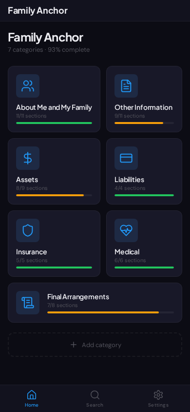 Dashboard showing 7 category cards with progress